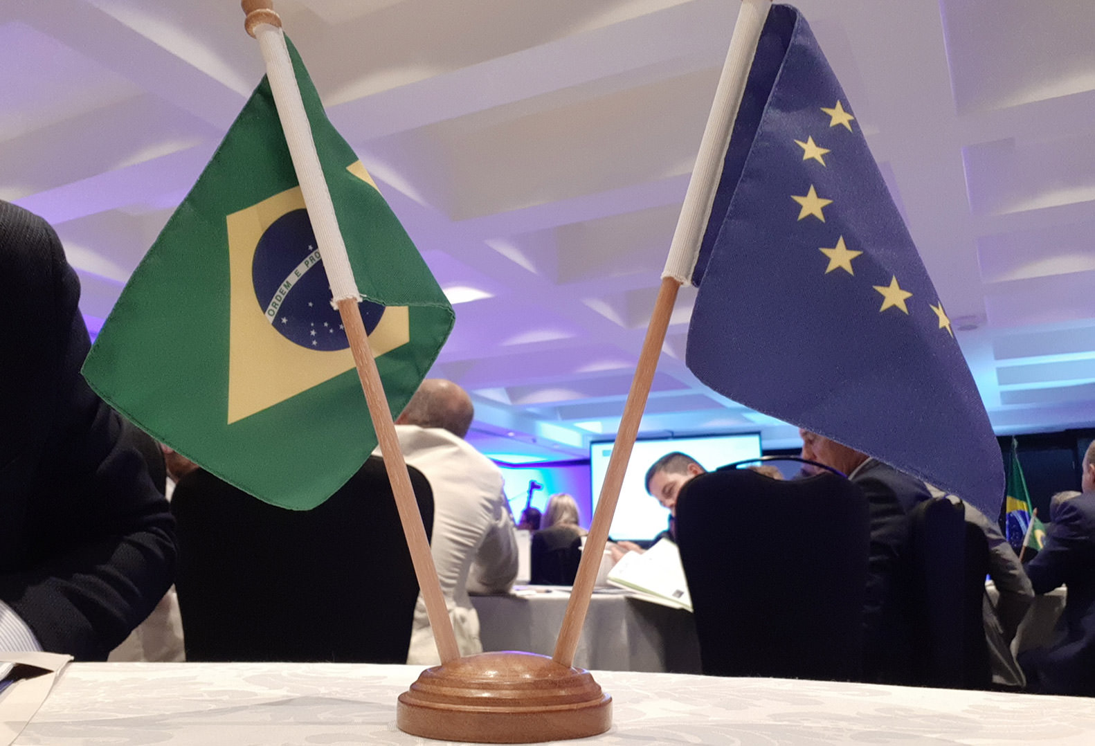 Brazilian Flag and Flag of Europe standing in centre of table