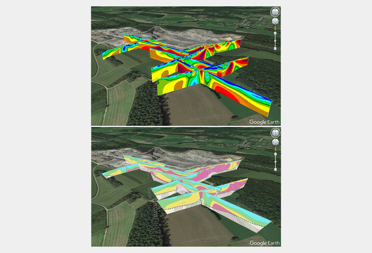 Comparison images of the geophysical model and the interpretative geological model