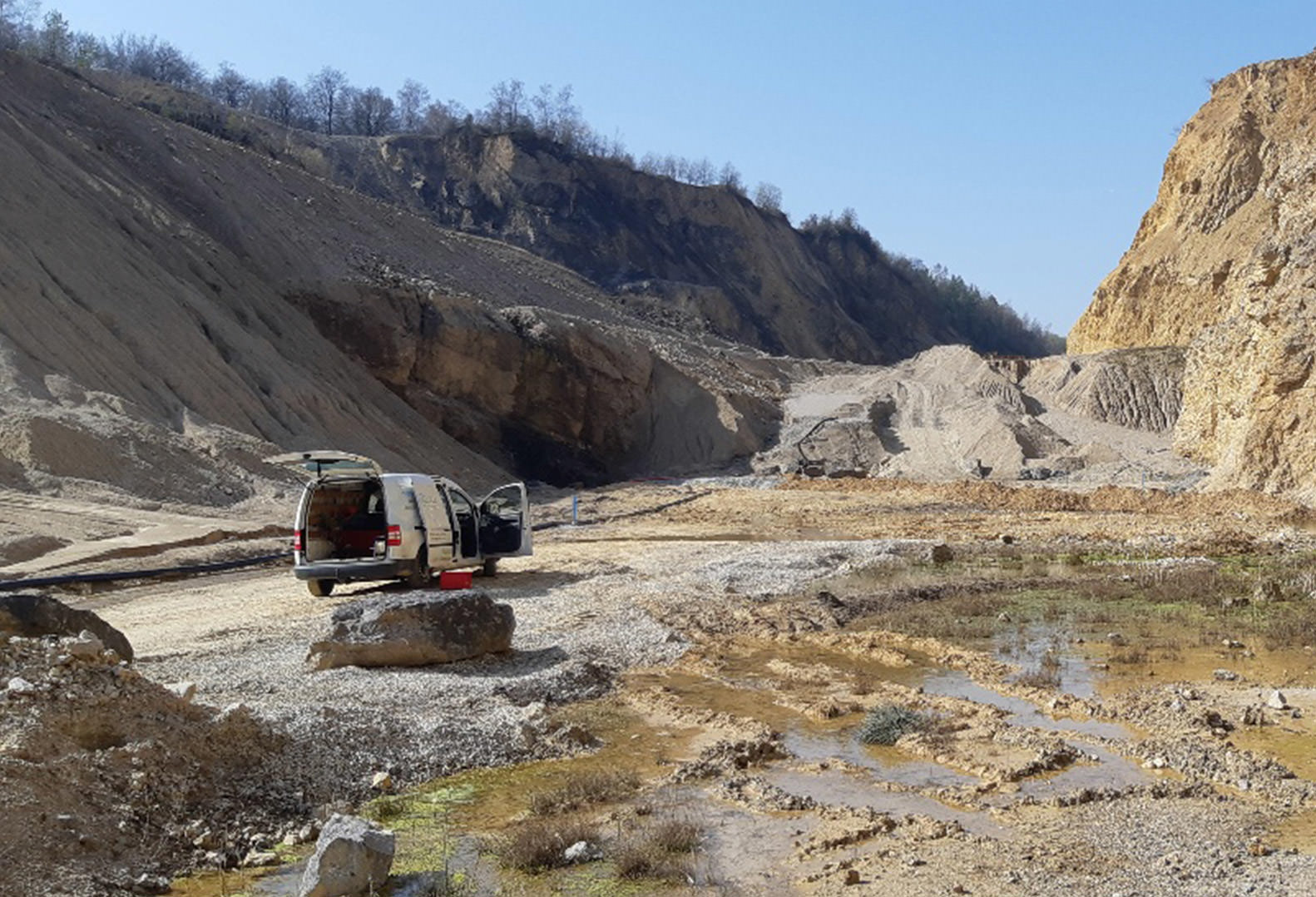 Micropiezometers being installed in an open pit quarry in Belgium